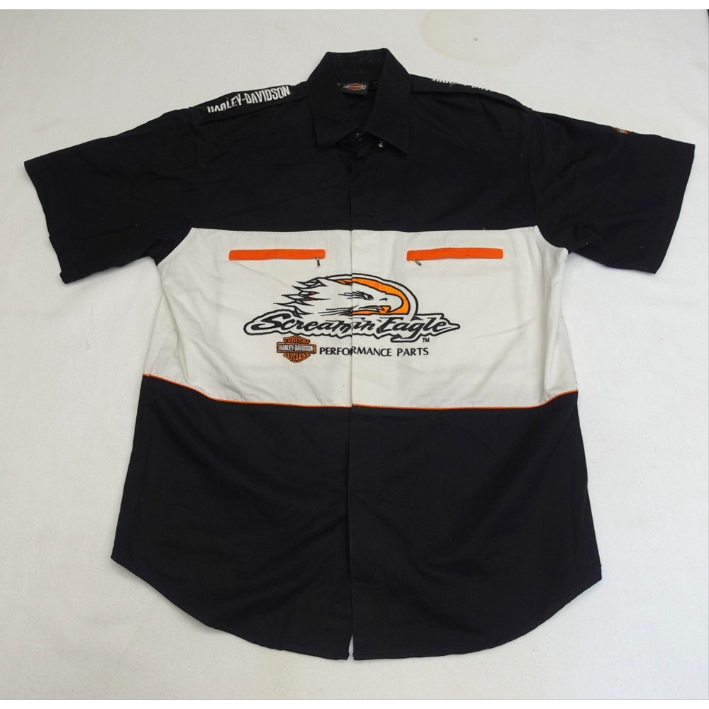 Harley-Davidson Shirt Mens L Black Screamin Eagle Short Sleeve Button Up Graphic